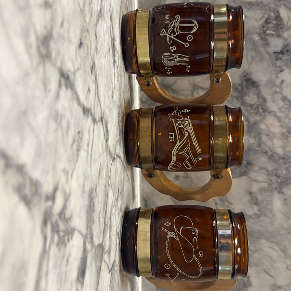 Vintage Siesta Ware Western Cowboy Brown Glass Wooden Handle Mug Amber set of 6